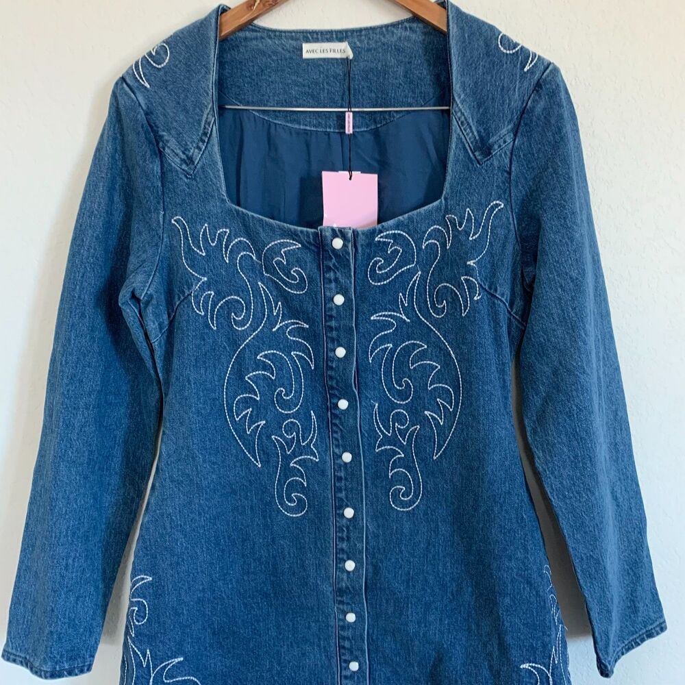 New Avec Les Filles Western Embroidered Long Sleeve Denim Rodeo Minidress Size 8 - Picture 6 of 12
